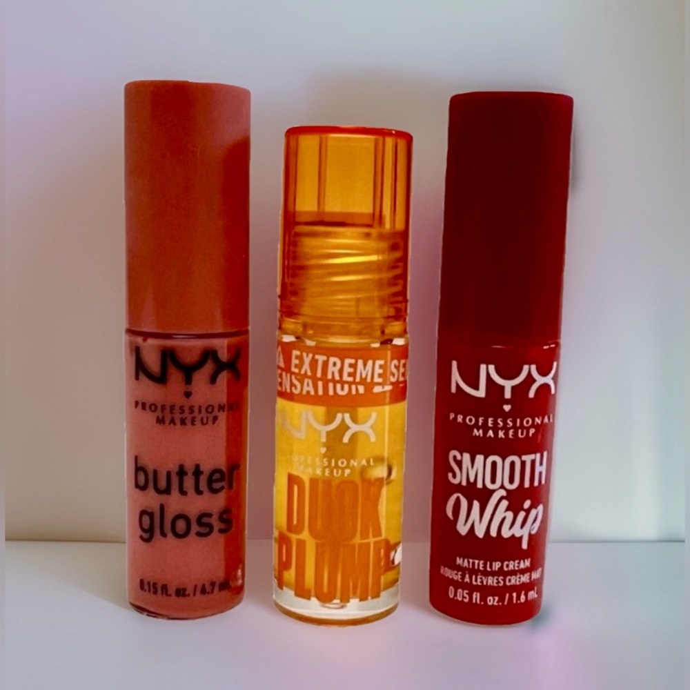 NYX Travel Size Lip Trio: Duck Plump Gloss, Butter Gloss, Smooth Whip Lip Cream